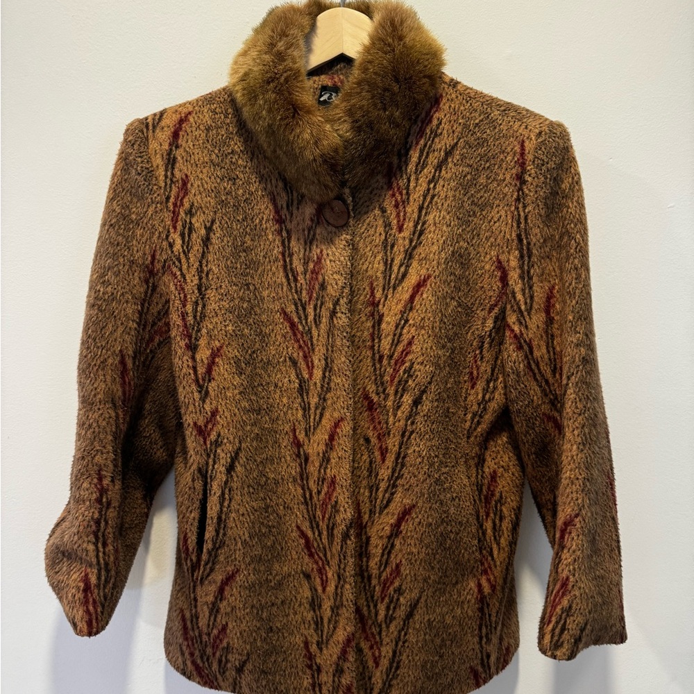 Vintage Brown Patterned Women's Jacket with Faux Fur + Real Fur Collar